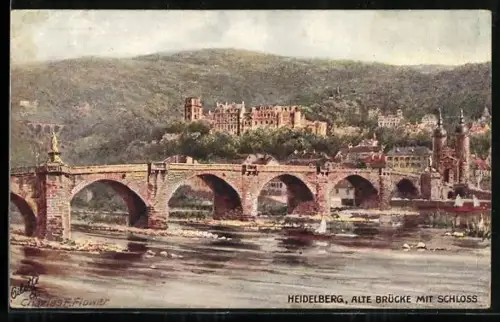 Künstler-AK Charles F. Flower: Heidelberg, Alte Brücke mit Schloss