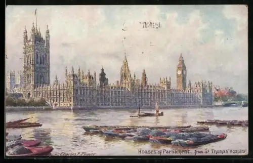 Künstler-AK Charles F. Flower: London, Houses of Parliament from St. Thomas Hospital