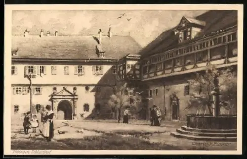Künstler-AK Charles F. Flower: Tübingen, Schlosshof mit Brunnen