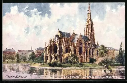 Künstler-AK Charles F. Flower: Stuttgarter Johanneskirche mit Feuersee