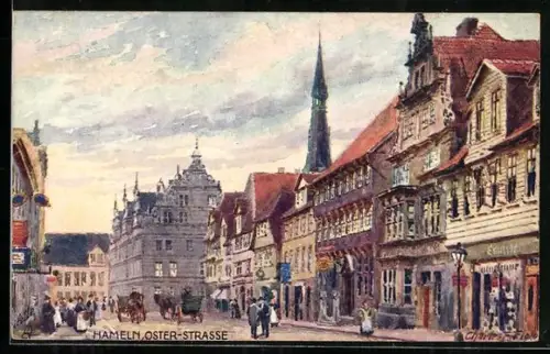 Künstler-AK Charles F. Flower: Hameln, Oster-Strasse mit Passanten
