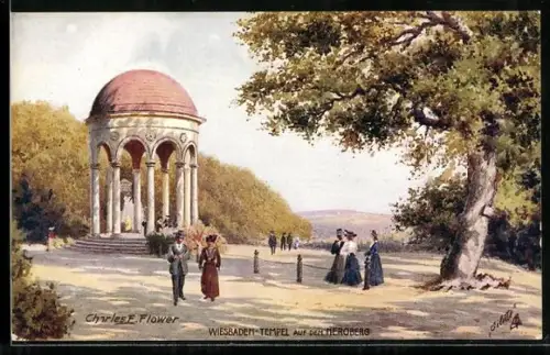 Künstler-AK Charles F. Flower: Wiesbaden, Flaneure beim Tempel auf dem Neroberg