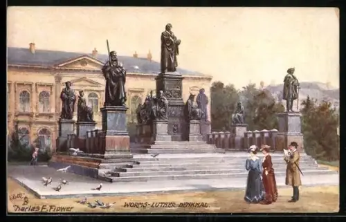 Künstler-AK Charles F.Flower: Worms, Luther-Denkmal mit Besuchern