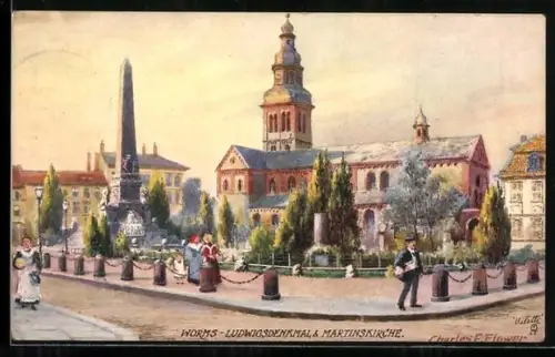 Künstler-AK Charles F.Flower: Worms, Ludwigsdenkmal und Martinskirche