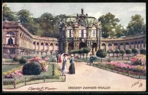 Künstler-AK Charles F. Flower: Dresden, Spaziergänger am Zwinger-Pavillon