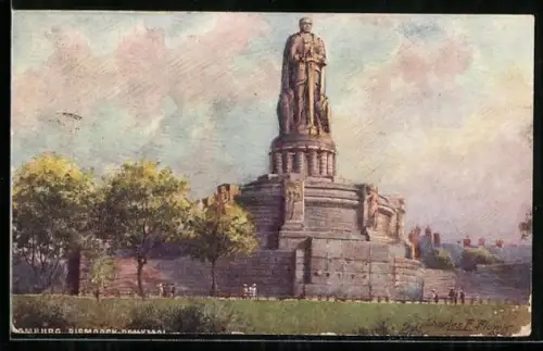 Künstler-AK Charles F. Flower: Hamburg, Blick auf das Bismarck-Denkmal