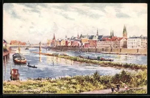 Künstler-AK Charles F. Flower: Bremen, Gesamtansicht mit Weser und Frachtkähnen