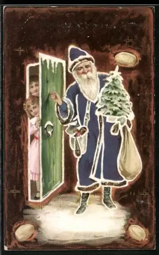 AK Weihnachtsmann klopft an ein Haus und bringt Lebkuchen und Geschenke mit sich