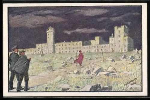 Künstler-AK sign. Johann Rettelbusch: Brocken, Wanderer am Brockenhaus