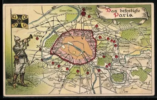 AK Paris, Landkarte von der befestigten Stadt, Feldgrauer mit Fanfare