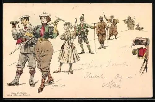 Künstler-AK Ernst Platz: Bergarbeiter mit Spitzhacken vor einer Kamera