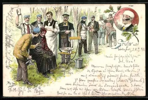 Lithographie Flicken, Burschenschafter nach der Mensur, studentische Szene