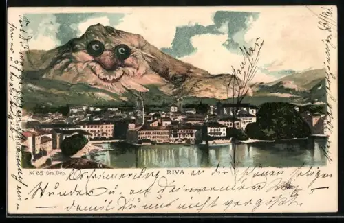 Künstler-AK Seiling Nr. 65: Riva, Ortsansicht gegen Berg mit Gesicht / Berggesichter
