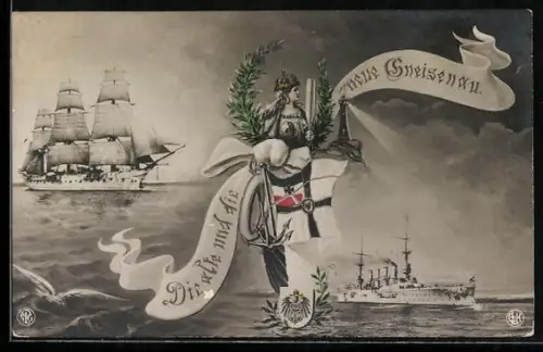 AK Das neue Kriegsschiff Gneisenau und das alte Segelschiff Gneisenau, Reichskriegsflagge