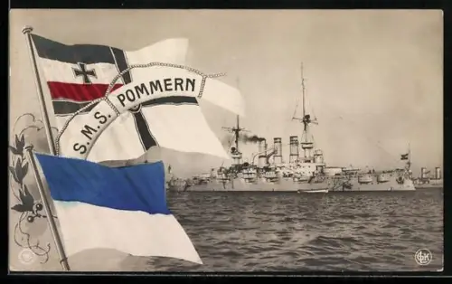 AK Kriegsschiff S.M.S. Pommern, Reichskriegsflagge und Lorbeerzweig