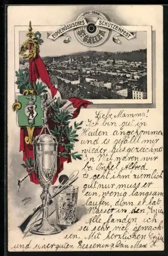 AK St. Gallen, Eidgenössisches Schützenfest 1904, Totalansicht und Pokal