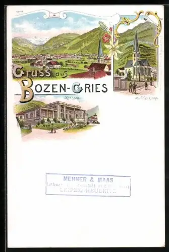 Lithographie Bozen-Gries, Totalansicht, Alte Pfarrkirche und Kurhaus