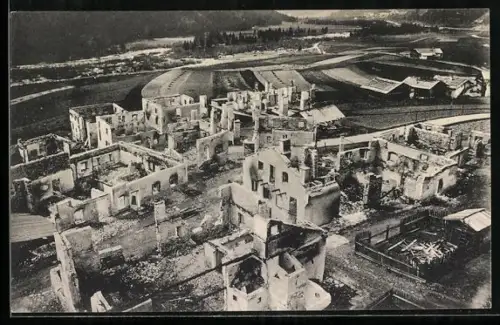AK Gries, Niedergebrannte Ortspartie aus der Vogelschau