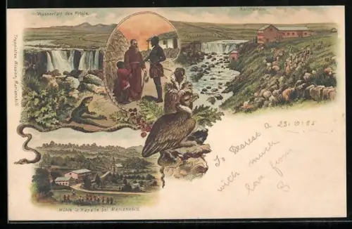 Lithographie Mariannhill, Wasserfall des Polela, Missionar mit Einheimischen, Reichenau, Mühle und Kapelle