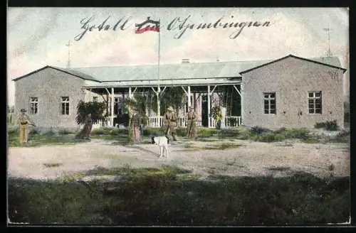 AK Otjimbingwe, Hôtel mit Kolonialsoldaten und Hund