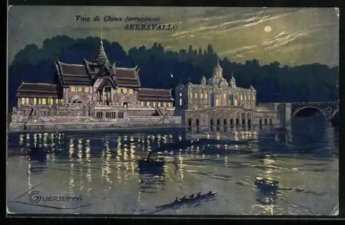 Künstler-AK G.Guerzoni: Beleuchtetes Haus am Ufer bei Vollmond