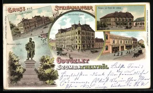 Lithographie Steinamanger / Szombathely, Berzsenyi szobor, Vasmegýe árvaháza, Szombathely háza, Strassenbahn