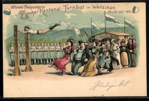 Lithographie Wetzikon /ZH, Zürcher Kantonal-Turnfest 1902, Turner und Zuschauer