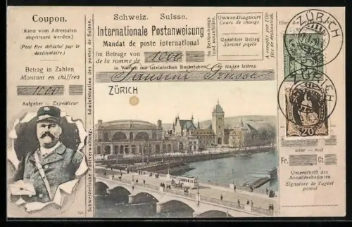 Passepartout-AK Zürich, Teilansicht und Postbote durch Papier, Neujahrsgruss