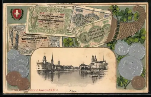 Präge-AK Zürich, Schweizer Franken mit Füllhorn, Klee und Teilansicht der Stadt