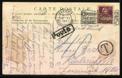 Präge-AK Zürich, Schweizer Franken mit Füllhorn, Klee und Teilansicht der Stadt