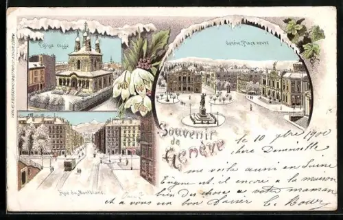 Winter-Lithographie Genève, Place neuve, Église russe, Rue du Montblanc
