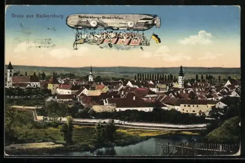 AK Radkersburg, Zeppelin fliegt ober den Ort mit Graz und Wien auf der Route
