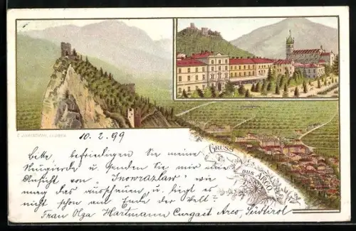 Lithographie Arco, Panorama mit Burgberg, Strassenpartie im Ort