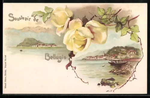 AK Bellagio, Totalansicht und Hafenpartie, Rosen