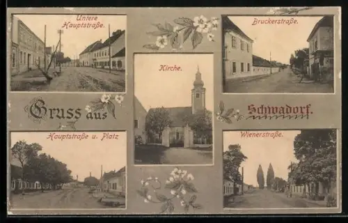 AK Schwadorf, Untere Hauptstrasse, Bruckerstrasse, Wienerstrasse und Kirche
