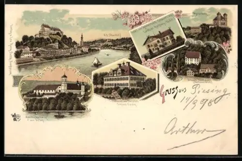 Lithographie Ach, Uferpartie, Gräfl. von Reichenbach-Lessonitz`sches Landhaus Hochburg, Raitenhaslach von Osten