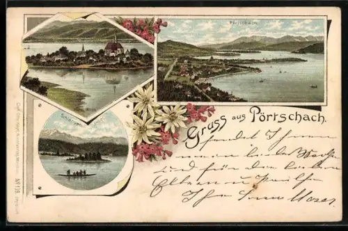 Lithographie Pörtschach, Schlangeninsel, Maria Wörth, Panorama