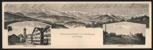 Klapp-AK Sulzberg /Vorarlberg, Alpenpanorama und Partie bei der Kirche