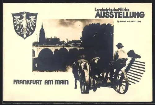 AK Frankfurt a. M., Landwirtschaftliche Ausstellung 1948, Bauer mit Pferdewagen, Stadtansicht, Wappen