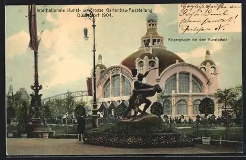 AK Düsseldorf, Internationale Kunst- u. grosse Gartenbau-Ausstellung 1904, Ringergruppe vor dem Kunstpalast