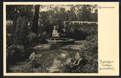 AK Hannover, Jahresschau Deutscher Gartenkultur 1933, Gartenpartie mit Brunnen
