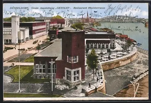 AK Düssseldorf, Ausstellung GESOLEI, Restaurant Rheinterrasse aus der Vogelschau