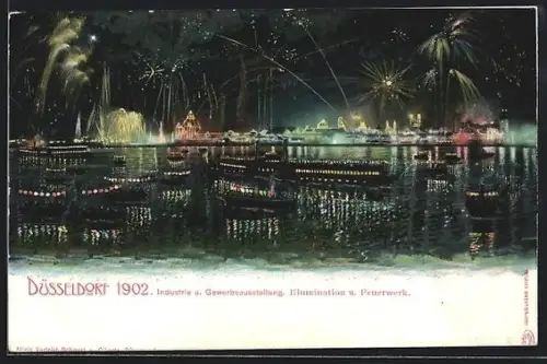 AK Düsseldorf, Industrie- u. Gewerbe-Ausstellung 1902, Illumination und Feuerwerk