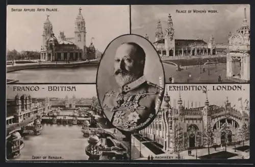 AK London, Franco-British Exhibition, Palace of Women`s Work, Court of Honour, King Edward VII.