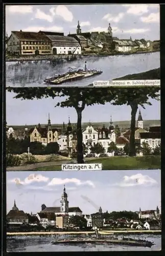 AK Kitzingen a. M., Unterer Mainquai mit Schleppdampfer, Stadtansichten