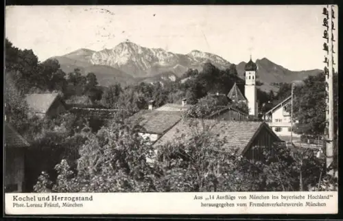 AK Kochel, Herzogstand, Kirche, Alpenpanorama