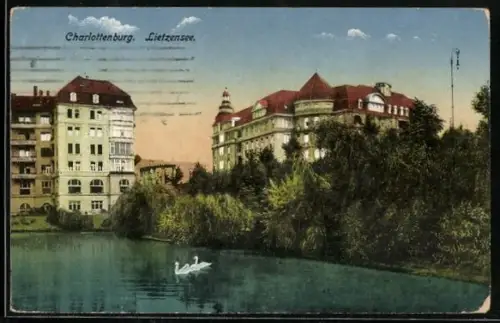 AK Berlin-Charlottenburg, Lietzensee, Wohnhäuser, See, Schwäne