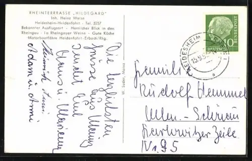 AK Heidesheim / Rhein, Gasthaus Rheinterrasse Hildegard, Blick in den Rheingau, vom Rhein gesehen