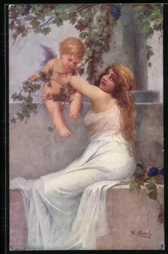 Künstler-AK Fr. Klimes: Amor lásky, Fräulein mit dem Liebesgott Amor