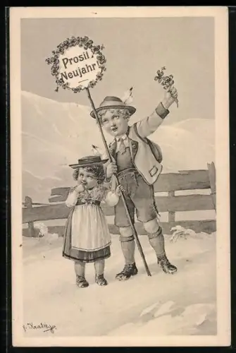 Künstler-AK R. Kratky: Kleine Älpler wünsche Prosit Neujahr